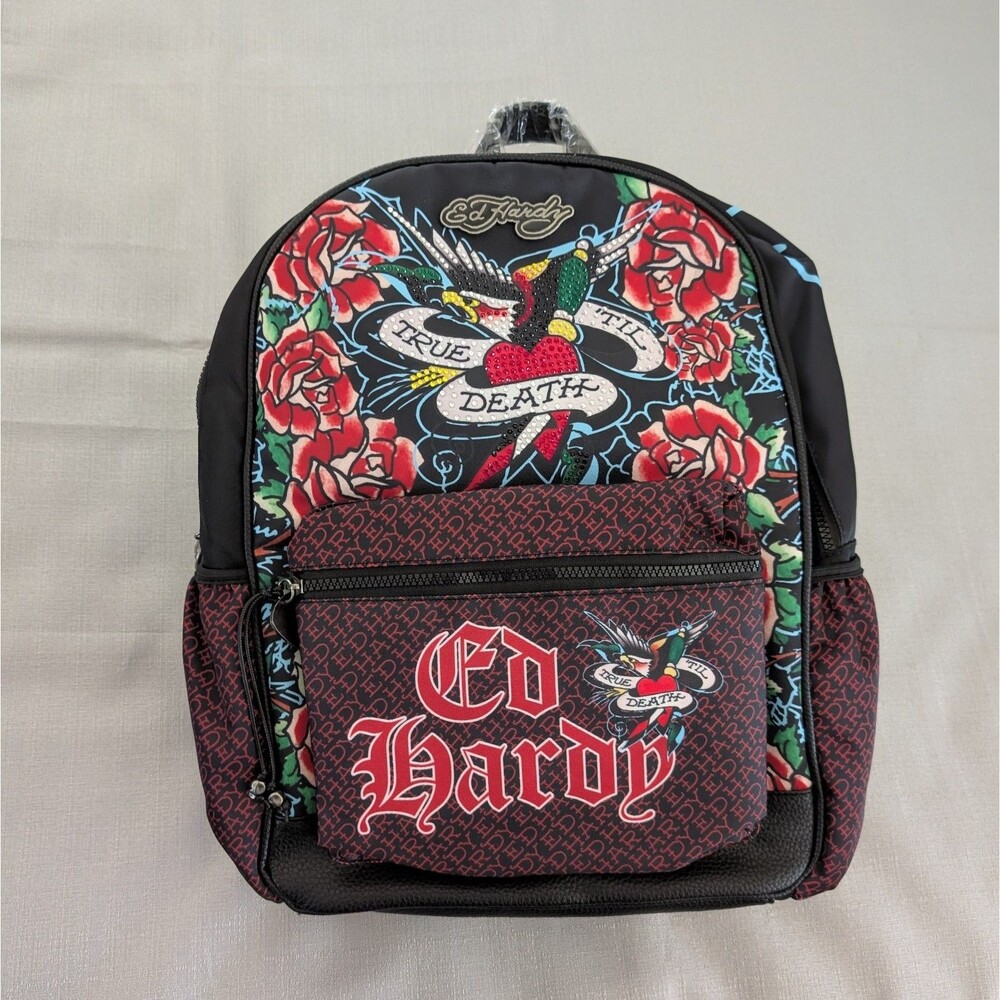 Ed Hardy True Til Death Tattoo Print Rhinestone Faux Leather Backpack NEW!